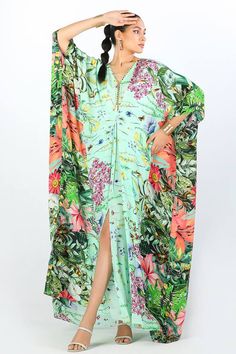 Green Printed V-neck Kaftan, Green Floral Print Tunic Kaftan, Green Bohemian Kaftan With Floral Print, Green V-neck Printed Kaftan, Green Long Printed Kaftan, Floor-length Kaftan For Spring Vacation, Blue Floral Print V-neck Kimono, Flowy Floral Print Maxi Kaftan, Floor-length Spring Vacation Kaftan