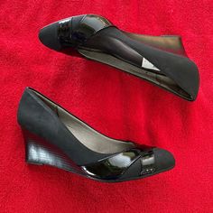 Life Stride Velocity Memory Foam Black Wedge Shoes. Faux Suede With Patent Leather. Never Worn! New! Black Synthetic Medium Width Wedge Sandals, Black Wedge Sandals For Workwear In Spring, Black Synthetic Wedge Sandals For Formal Occasions, Black Wedge Shoes, Black Wedge, Shoes Color, Women Life, Womens Shoes Wedges, Wedge Shoes