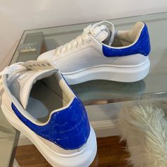 Never Worn(Too Small) Modern Custom Blue Sneakers With Round Toe, Modern Blue Custom Sneakers With Round Toe, Designer Blue Custom Sneakers With Round Toe, Luxury Blue Low-top Custom Sneakers, Alexander Mcqueen Blue, Alexander Mcqueen White, Mcqueen Shoes, Alexander Mcqueen Shoes, Shoes Color