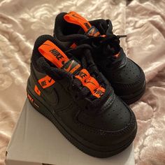 Black And Orange Baby Air Forces Size 3 Black Non-slip Lace-up Sneakers, Black Non-slip High-top Sneakers, Black Non-slip Synthetic Sneakers, Black High-top Sneakers With Soft Sole, Black Casual Sneakers With Soft Sole, Pink Soccer Cleats, Toddler Basketball, Kevin Durant Shoes, Bday Shoot