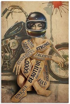 a painting of a woman with words written on her body and motorcycle in the background