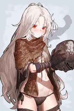 an anime character with white hair holding a glove and wearing a brown scarf over her shoulder