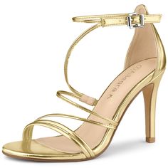 a women's gold high heel sandal with two straps and an ankle strap