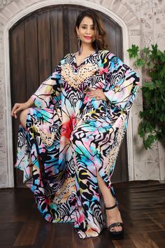 KaftanSilk Traditional Multicolor Long Sleeve Maxi Dress, Multicolor Print Long Sleeve Dress For Festival, Long Sleeve Multicolor Print Dresses For Festival, Long Sleeve Maxi Dress With Abstract Print For Vacation, Multicolor Maxi Kaftan For Beachwear, Multicolor Maxi Length Kaftan For Beachwear, Multicolor Long Sleeve Beachwear Dress, Long Sleeve Kaftan With Boho Print For Vacation, Multicolor Boho Print Kaftan With Kimono Sleeves