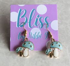 Blue Mushroom Earring Double Mushroom earrings Pair with a Cute blue dress would be so cute! Cute Mushroom Design Dangle Earrings, Cute Dangle Earrings With Mushroom Design, Cute Mushroom-shaped Earrings For Gifts, Cute Mushroom Design Dangle Jewelry, Cute Light Blue Earrings Gift, Cute Light Blue Earrings For Gift, Mushroom Earring, Cute Blue Dress, Cute Blue Dresses