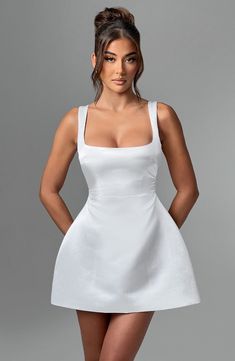 Sofie Mini Dress - Ivory Chic Fitted Satin Dress With Square Neck, White Mini Dress With Corset Back And Square Neck, Satin Mini Dress With Boned Bodice, Glamorous Mini Dress With Fitted Bodice And Square Neck, Glamorous Mini Dress With Square Neck And Fitted Bodice, Chic Dress With Satin Finish And Straight Neckline, Chic Satin Square Neck Party Dress, Evening Dress With Satin Finish And Square Neck, Evening Satin Dress With Square Neck