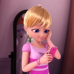 a cartoon character holding a cell phone in her hand and looking at the screen while standing next to a mirror