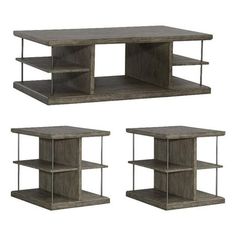 three wooden shelves with one shelf open and the other closed, all in different sizes