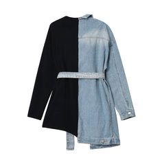 Paneled denim belted jacket Grunge Style Outfits, Big Size Fashion, Loose Fit Denim, Ripped Women, Long Denim Jacket, Denim Sweatshirt, Estilo Grunge, Denim Belt