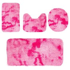 pink bathroom rugs and toilet mats with the word love written on them in black ink