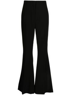 black flared high-waisted concealed front fastening belt loops pressed crease Elegant Flare Dress Pants For Formal Occasions, Elegant Flare Bottoms For Formal Occasions, Elegant Tailored Flare Bottoms, Elegant Flare Dress Pants For Office, Elegant Tailored Flare Pants, Elegant Wide-leg Flares For Evening, Sleek Wide Leg Dress Pants With Belt Loops, Sleek Full Length Wide Leg Pants With Belt Loops, Wide Leg Evening Bottoms With Belt Loops