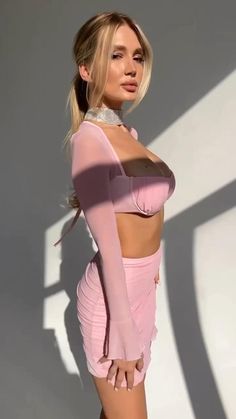 Crop Top Mini Skirt, Pleated Crop Top, Mesh Long Sleeve, Mesh Material, Long Sleeve Crop, Pink Outfit, Long Sleeve Crop Top, Victoria's Secret Pink, Baby Pink