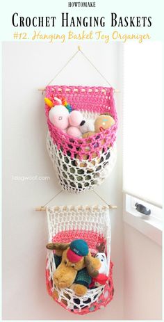 two baskets with stuffed animals in them hanging on the wall