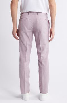 Smarten up your office ensembles with these polished pants made with classic creases. 31" inseam; 14 1/2" leg opening; 10 1/2" front rise; 16" back rise (size 34) Zip fly with button-tab closure Front slant pockets; welt coin pocket; back welt pockets Partially Lined 54% cotton, 40% virgin wool, 5% polyamide, 1% elastane Dry clean Made in Turkey Fitted Full Length Chinos For Business Casual, Fitted Chinos With Welt Pockets, Fitted Tapered Leg Chinos For Business Casual, Fitted Straight Chinos For Business Casual, Spring Stretch Business Casual Bottoms, Semi-formal Stretch Bottoms For Spring, Spring Semi-formal Stretch Bottoms, Slim Fit Business Pants For Spring, Fitted Chinos With Pockets For Semi-formal Occasions