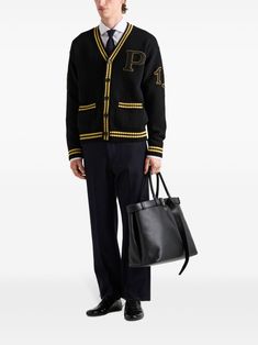 Prada Patch-detailing Cardigan  - Farfetch Winter Cardigan With Contrast Trim For Work, Designer Black Sweater With Ribbed Cuffs, Classic Fall Cardigan With Contrast Trim, Black Cardigan With Ribbed Cuffs For Work, Classic Black Wool Cardigan, Designer Black Cardigan For Work, Designer Black Wool Cardigan, Luxury Cardigan With Ribbed Cuffs, Black Cashmere Outerwear With Ribbed Cuffs