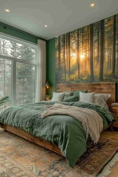 40 Rustic Forest Themed Bedroom Ideas for a Cozy and Creative Space Forest Theme Guest Room, Green Woodsy Bedroom, Rustic Forest Bedroom, Bedroom Decor Themes, Forest Bedroom Aesthetic Cozy, Cozy Forest Bedroom, Forest Themed Living Room, Cave Bedroom Ideas, Woodsy Bedroom Ideas