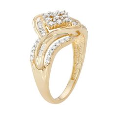 Adorned with a cluster of round- and baguette-cut diamonds, this 10k gold ring abounds with scintillating style. Click on this JEWELRY & WATCHES GUIDE to learn about fit, styles, materials and more!RING DETAILS Width: .51 in. Metal: 10k gold Plating: rhodium Packaging: boxed DIAMOND DETAILS Total weight: 1/2 ct. Shape: round, baguette cut Color grade: I-J Clarity: I3 Setting: prong, channel Gemstones may have been treated to enhance their appearance. Special care may be required. Please visit ou Dazzling Diamond Cluster Ring With Baguette Diamonds, Classic Cluster Diamond Ring With Baguette Diamonds, Formal Cluster Diamond Ring With Baguette Diamonds, Dazzling Cluster Rings With Baguette Diamonds, Dazzling Cluster Baguette Diamond Rings, Dazzling Baguette Diamond Cluster Rings, Elegant Cluster Diamond Ring With Baguette Diamonds, Elegant Cluster Baguette Diamond Ring, Elegant Baguette Diamond Cluster Ring