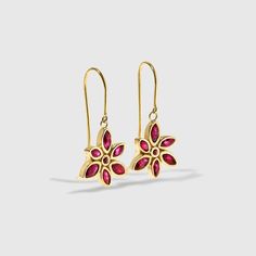 Formal Gemstone Flower Earrings, Formal Flower Shaped Gemstone Earrings, Formal Flower-shaped Gemstone Earrings, Ruby Flower, Flower Dangle Earrings, Red Stones, Flower Petal, Gold Flower, Ruby Gemstone