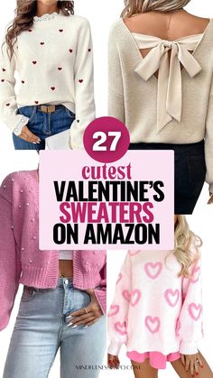 Visit the website to see 27 casual and cute Valentines outfit ideas for women. In these insanely cute Valentines sweaters you'll look stunning and stay cozy. Cute Valentines sweaters with hearts, cute pink Valentines Day sweaters, soft red Valentines sweaters for a date night and many other awesome cozy sweaters that can be easily purchased on Amazon. Cold weather casual Valentines outfits.