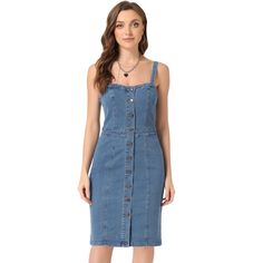 A jean dress is a must-have staple item in your all-year-around wardrobe. This sleeveless tank dress with breathable denim fabric, a simple and classic design, is perfect for summer. You also can pair it with casual basic t-shirt tops or blouses for an elegant and chic look. Stylish denim dresses for women can be easily dressed down, paired with some sweet sandals or a sassy pair of heels for a dainty and feminine look. Fitted Denim Sleeveless Dress, Fitted Sleeveless Dress With Buttons For Casual Wear, Fitted Sleeveless Denim Dress With Button Closure, Fitted Casual Sleeveless Dress With Buttons, Fitted Casual Sleeveless Denim Dress, Cotton Sleeveless Dress With Button Closure, Casual Fitted Sleeveless Denim Dress, Summer Denim Vest In Dark Wash With Button Closure, Summer Dark Wash Denim Vest With Button Closure