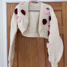 Beautiful Handmade, Custom Ordered Cream Sweater With Red And Pink Puffy Raspberries. Made With Acrylic Wool. The Sweater Is Absolutely Beautiful And I Love It, But The Style Is Slightly Too Cropped For Me. It Is Brand New. Elder Berry, Cream Sweater, I Love It, Colorful Sweaters, Hand Knitting, Love It, Sweaters & Cardigans, Pink Ladies, Berry