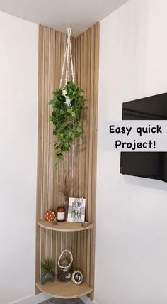 a corner shelf with plants and pictures on it next to a flat screen tv that reads easy quick project