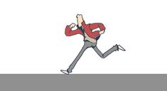 a man in a red jacket and gray pants is running with his hand on his hip