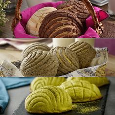 four different types of bread in baskets