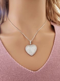 925 Sterling Silver Large Pave Heart Necklace Real 925 Sterling Silver NOT SILVER PLATED All Our 18k Gold Plated Jewelry, Plated top of 925 Sterling Silver ( NOT Brass ) High Quality Silver Pendant  High polished rhodium finish gives this pendant a stunning shiny look that lasts many years. We have hundreds Silver Jewelry in stock. If you don't see what you are looking , feel free to ask us. Trendy, dainty, luxurious, classic with modern touch, elegant and fancy, fine quality made  925 Sterling Cubic Zirconia Heart Pendant Jewelry, Cubic Zirconia Heart Pendant Necklace, Silver Necklace With Heart Charm In Cubic Zirconia, Silver Necklaces With Heart Charm In Cubic Zirconia, Sterling Silver Heart Necklace With Vvs Clarity, Silver Necklace With Cubic Zirconia Heart Charm, Silver Necklaces With Cubic Zirconia Heart Charm, Cubic Zirconia Heart Pendant Necklace With Diamond Cut, Silver Heart Necklace With Diamond Cut Cubic Zirconia