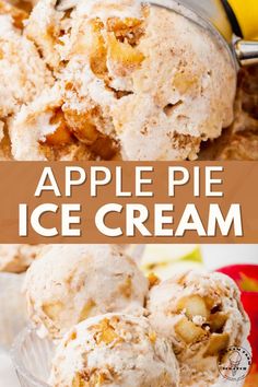 The top half is a picture of apple pie ice cream filled with real apple chunks, cinnamon, and cookie crumbles being scooped. The bottom half is a picture of a glass ice cream bowl filled with 3 scoops of apple pie ice cream. Homemade Ice Cream Recipes Machine, I Lost 100 Pounds, Apple Pie Ice Cream, Apple Ice Cream, Ice Cream Pie Recipe, Best Homemade Ice Cream, Pie Ice Cream, Easy Ice Cream Recipe