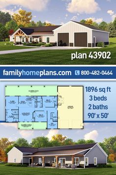 two story ranch house plan with 3 beds and 2 baths in the front, an open floor