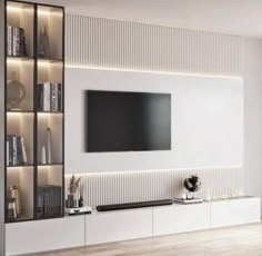 a modern living room with white walls and wooden flooring, built - in entertainment center