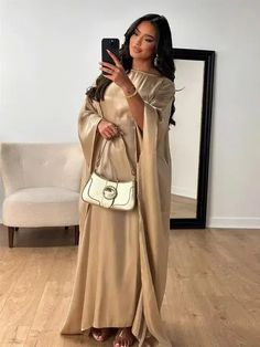 Satin Butterfly Abaya Elegant Solid Color Dresses For Eid, Evening Solid Maxi Length Abaya, Evening Solid Color Maxi Length Abaya, Evening Maxi Length Solid Abaya, Elegant Beige Long Thobe, Wedding Dresses For Eid, Elegant Long Maxi Dress For Eid, Elegant Long Beige Thobe, Elegant Floor-length Solid Abaya