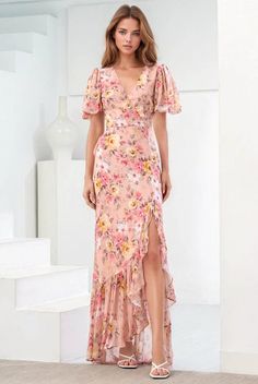 JENNY MAXI DRESS Floral Summer Dress Long, Floral Dress Wedding Guest, Chinese Fancy Dress, Maxi Floral Dress, Floral Bridesmaid Dresses, Pink Floral Maxi Dress, Romantic Design, Puffy Sleeves, Floral Dress Summer