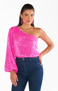 Party Top ~ Bright Pink Sequins – Show Me Your Mumu Womens Party Tops, Party Fits, Sequin Crop Top, Flattering Tops, Pink Sequin, Show Me Your Mumu, Mink Pink, Party Tops, Long Puff Sleeves