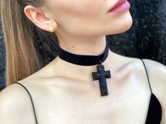 A spectacular neck accessory in the form of a large black cross with shiny black rhinestones on a velvet ribbon will perfectly complement your look for a gothic Halloween party or photo shoot. 100% designed and handmade by our designers ( SETA Design studio in Kyiv). It will be securely packed in a box. Feel free to contact us if you have any questions. We accept return. Contact us within 3 days of delivery. Delivery of goods is returned within 7 days from the date of delivery. We do not accept Black Cross Jewelry For Halloween, Gothic Cross Pendant Jewelry For Halloween, Gothic Black Cross Necklace Gift, Black Cross Pendant Jewelry For Halloween, Gothic Black Crucifix Cross Necklace, Gothic Black Cross Pendant Necklace, Adjustable Black Cross Choker, Gothic Cross Pendant Jewelry For Party, Black Necklaces For Halloween Concert