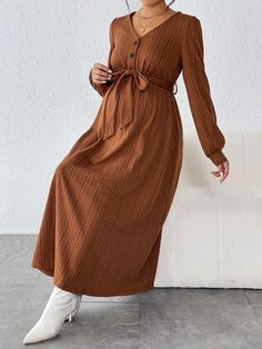 Coffee Brown Casual Collar Long Sleeve Knitted Fabric Plain A Line Embellished Medium Stretch  Maternity Clothing Latest Maternity Dresses, Shein Maternity, Clothes For Pregnant Women, Elegant Maxi Dress, Womens Maternity, Button Up Dress, Solid Dress, Belted Dress, V Neck Dress