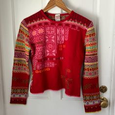 Multi-Color Patterned Oilily Sweater With Detailed Hem. Makes A Dull Winter Day Bright And Cheery! Size M. 50% Wool, 50% Acrylic. Pre-Owned, Excellent Condition. Red Bohemian Top For Winter, Red Fair Isle Crew Neck Top, Red Fair Isle Pattern Crew Neck Top, Sweaters Vintage, Winter Day, Colorful Sweaters, Color Patterns, Color Combinations, Scoop Neck