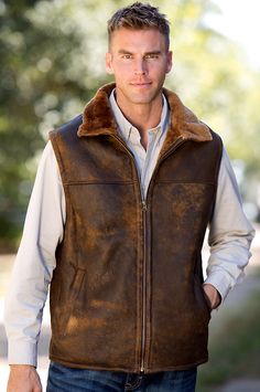 Men's Dwayne Shearling Sheepskin Vest by Overland Sheepskin Co. (style 11912) Fall Fleece-lined Sleeveless Vest, Sleeveless Fleece-lined Vest For Fall, Fall Sleeveless Vest With Fleece Lining, Rugged Brown Vest For Fall, Rugged Winter Vest For Outdoor Activities, Rugged Outdoor Winter Vest, Rugged Brown Winter Vest, Brown Rugged Vest For Winter, Brown Rugged Winter Vest