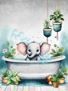 an elephant in a bathtub with plants hanging from it's hooks and potted plants