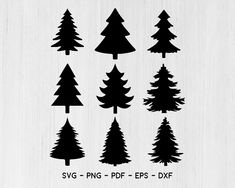 the silhouettes of pine trees are shown in different sizes and shapes, including black on white