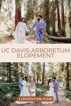 two people are walking through the woods with trees in the background and text that reads ug davis arboretum elopement