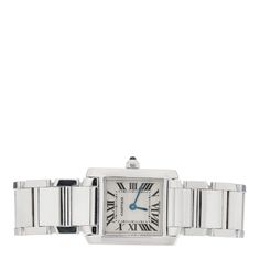 This is an authentic CARTIER 18K White Gold 20mm Small Tank Francaise Quartz Watch. The watch is crafted of 18 karat white gold and features a beige dial, Roman numeral hour markers, blue steel sword hands, blue cabochon crown, sapphire crystal, and a quartz movement. Small Tank, Blue Steel, Roman Numeral, Roman Numerals, Sapphire Crystal, Quartz Movement, Quartz Watch, Cartier, Markers