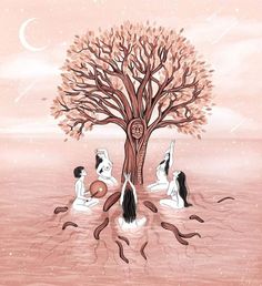 three women are sitting under a tree in the water, with their heads turned to look like they are doing yoga