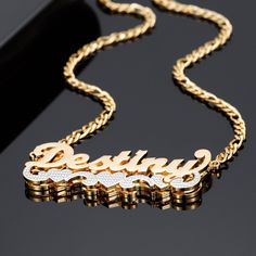 DOUBLE * PLATED * NAME * NECKLACE Presenting our exquisite Double Plated Name Necklace--a personalized 3D nameplate necklace crafted with a luxurious 14K gold plated finish. This two-tone necklace is a stylish and sentimental piece, perfect for any occasion. Celebrate her uniqueness with this stunning accessory that adds a touch of elegance to her everyday look. PRODUCT DETAILS * Material: High-quality Stainless Steel * Finish: Silver, Gold, Rose Gold * Feature: Adjustable * Package: Comes With A Jewelry Box. NECKLACE LENGTH 16 Inches (40CM) + 2 Inches Extension 18 Inches (45CM) + 2 Inches Extension 20 Inches (50CM) + 2 Inches Extension QUALITY ASSURANCE Your satisfaction is our top priority. We use high-quality materials that are made to last. Each piece of jewelry is made with care and a Arabic Jewelry, Name Plates, Jewelry Charms Pendants, Nameplate Necklace, Gold Name Necklace, Personalized Accessories, Rose Gold Chain, Name Jewelry, Custom Name Necklace