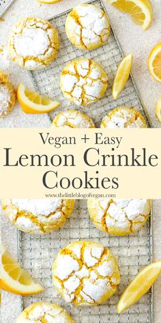 lemon crinkle cookies on a cooling rack with lemons and powdered sugar