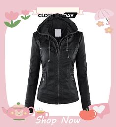 Women Fashion Autumn Winter Coat Jacket Fitted Hooded Leather Jacket For Spring, Fitted Hooded Biker Jacket For Spring, Fitted Hooded Jacket With Zipper For Fall, Trendy Fitted Hooded Leather Jacket, Chic Hooded Leather Jacket For Spring, Hooded Outerwear With Zipper Closure For Spring, Hooded Outerwear With Zipper For Spring, Spring Hooded Leather Jacket With Zipper Closure, Spring Hooded Leather Jacket With Zipper