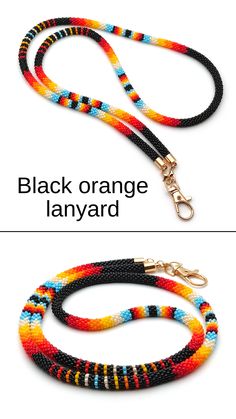 black orange beaded lanyard handmade Black Beaded Lanyard As Gift, Black Beaded Lanyards As Gift, Black Beaded Lanyards For Gift, Black Lanyard With Lobster Clasp As Gift, Teacher Lanyard, Key Lanyard, Native American Style, Beaded Lanyards, Native American Culture