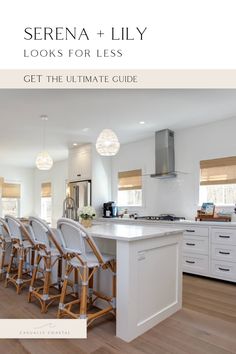 a kitchen with white cabinets and counter tops, surrounded by wooden chairs in front of an island