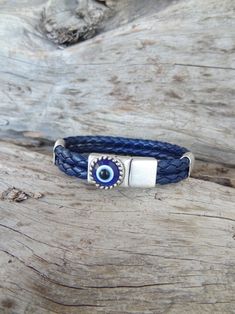 Men's Evil Eye Bracelet Navy Blue Braided Thick Leather | Etsy Blue Bracelets With Stainless Steel Clasp As A Gift, Blue Jewelry With Stainless Steel Clasp For Gift, Adjustable Blue Jewelry With Leather Strap, Adjustable Blue Leather Strap Jewelry, Adjustable Blue Leather Strap Bracelets, Nazar Bracelet, Classic Blue Pantone, Blue Pantone, Pantone 2020